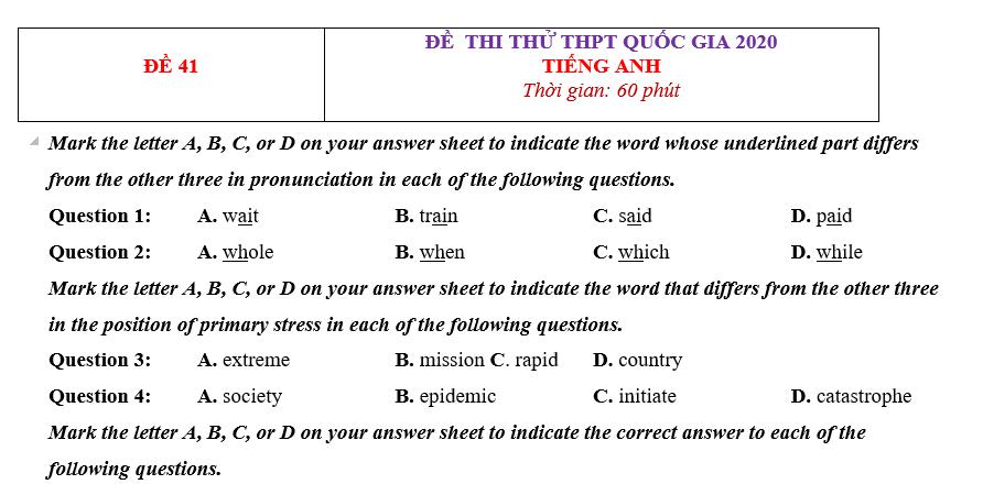 Đề thi thử THPT quốc gia 2020 môn Tiếng Anh