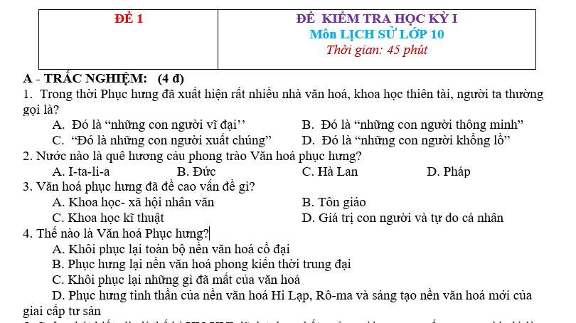 Câu hỏi tự luận Lịch sử 10 học kì 1