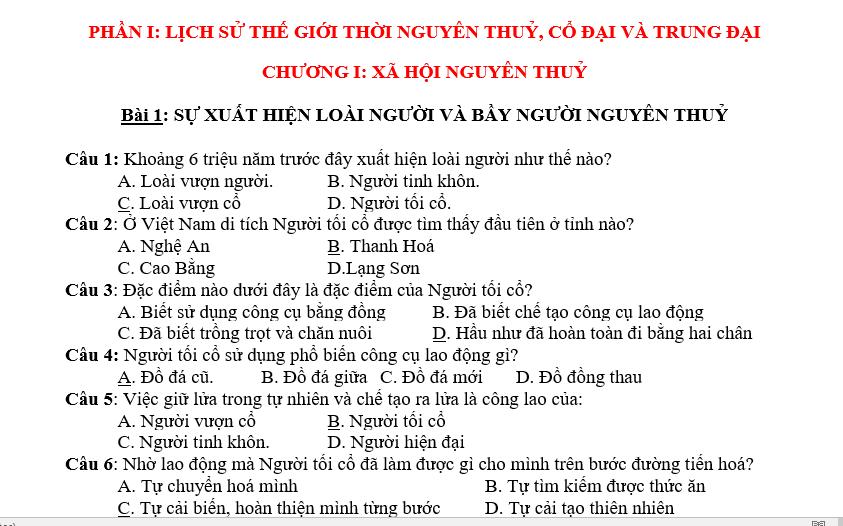 Trắc nghiệm sử 10 học kì 2 có đáp an