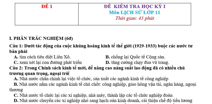 Đề thi Lịch sử lớp 11 giữa học kì 1