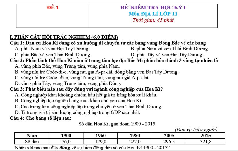 ĐỀ  KIỂM TRA HỌC KỲ I Môn ĐỊA LÍ LỚP 11