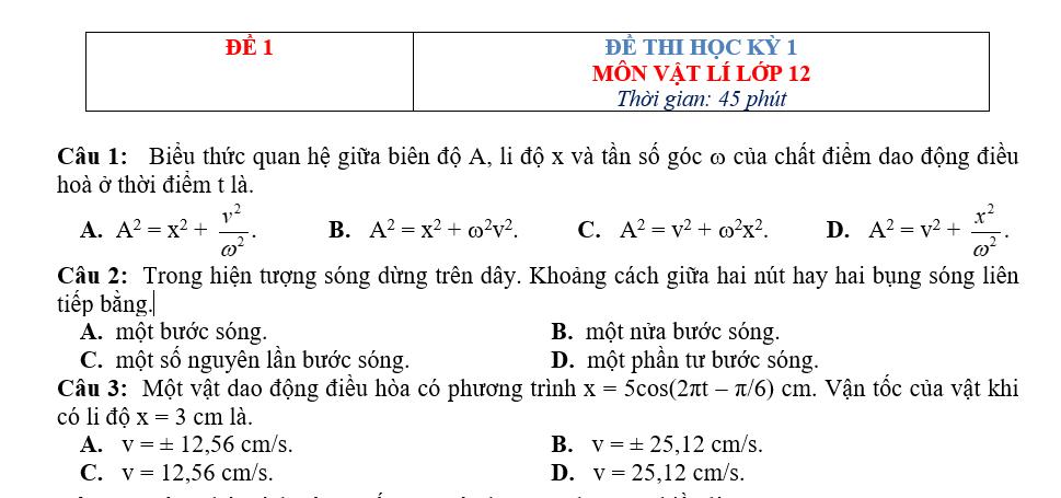 Đề thi học kỳ 1 môn Vật Lý lớp 12 có đáp án 