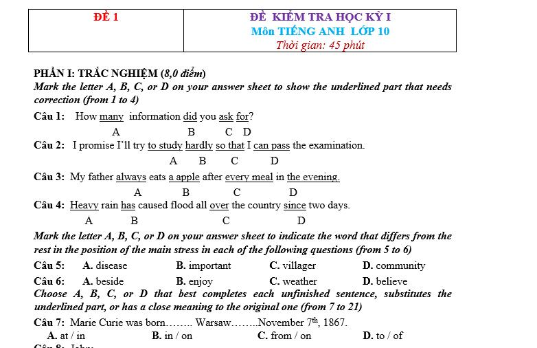 Đề thi cuối kì 1 lớp 10 môn tiếng anh global success