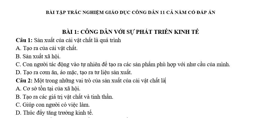 Ngân hàng trắc nghiệm GDCD 11