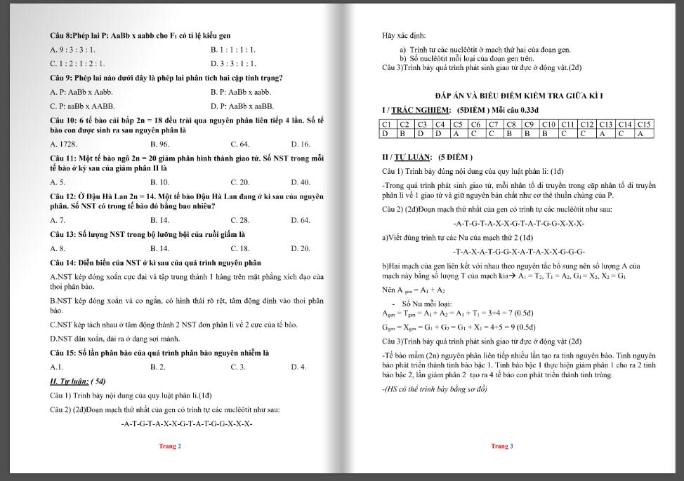 đề kiểm tra giữa kì 1 sinh 9 trắc nghiệm