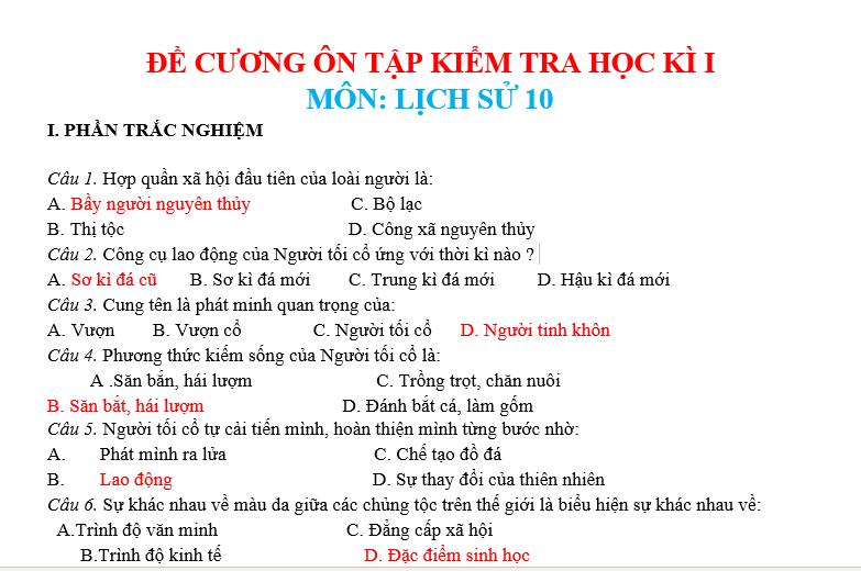 Câu hỏi tự luận lịch sử 10 giữa học kì 1