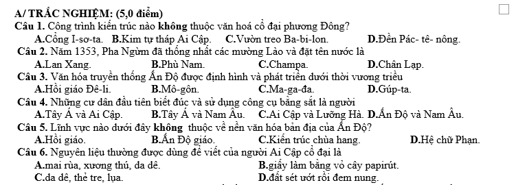 KIỂM TRA HỌC KỲ I NĂM HỌC 2017-2018 Môn: LỊCH SỬ – Lớp 10