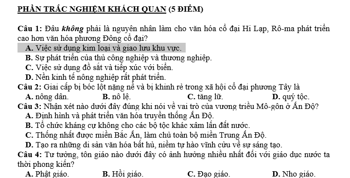 KIỂM TRA HỌC KỲ I NĂM HỌC 2019-2020 Môn: LỊCH SỬ – Lớp 10