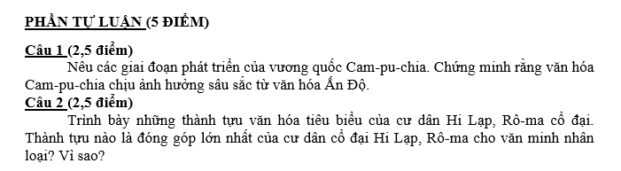 KIỂM TRA HỌC KỲ I NĂM HỌC 2019-2020 Môn: LỊCH SỬ – Lớp 10