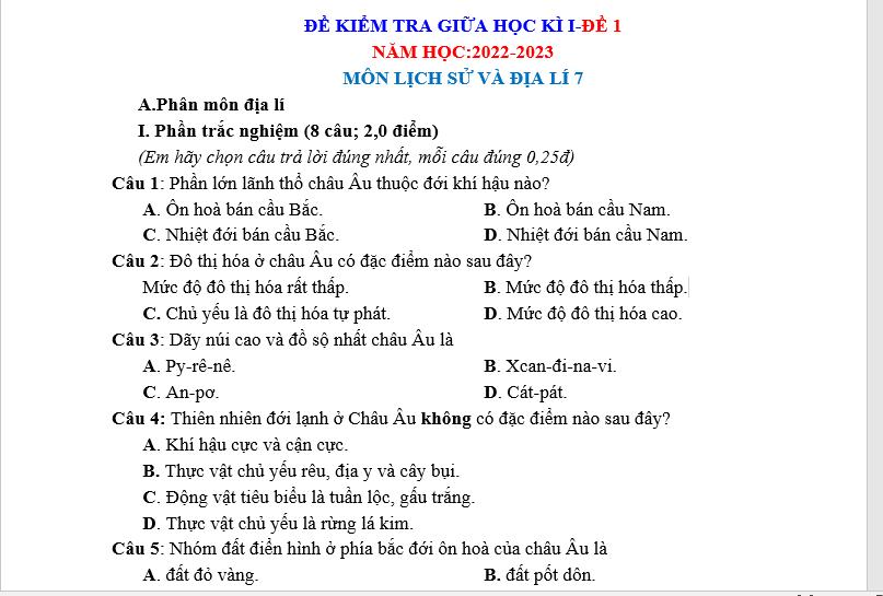 đề thi môn lịch sử - địa lý lớp 7 giữa kì 1