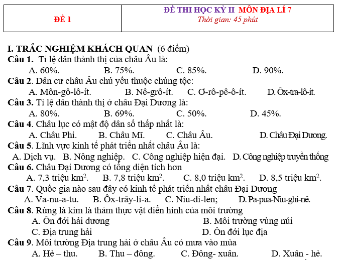 ĐỀ THI HỌC KỲ II  MÔN ĐỊA LÍ 7