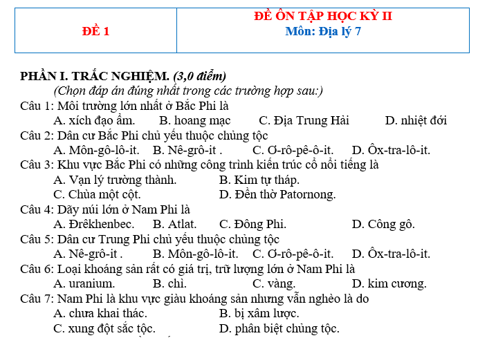 bộ đề thi học kỳ II môn địa lý lớp 7 