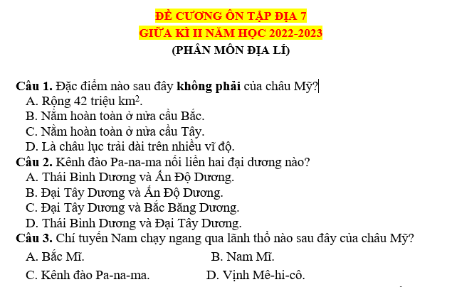 ĐỀ CƯƠNG ÔN TẬP ĐỊA 7 GIỮA KÌ II NĂM HỌC 2022-2023