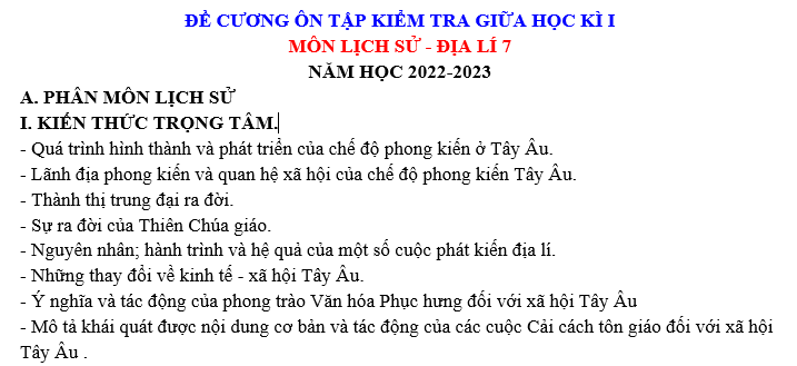 ĐỀ CƯƠNG ÔN TẬP KIỂM TRA GIỮA HỌC KÌ I MÔN LỊCH SỬ - ĐỊA LÍ 7 NĂM HỌC 2022-2023