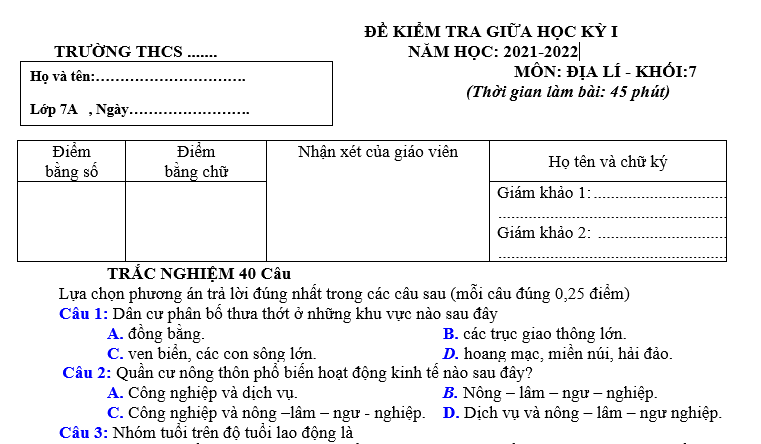 đề kiểm tra giữa học kỳ I môn địa lý 7 có đáp án