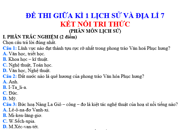 ĐỀ THI GIỮA KÌ 1 LỊCH SỬ VÀ ĐỊA LÍ 7 KẾT NỐI TRI THỨC