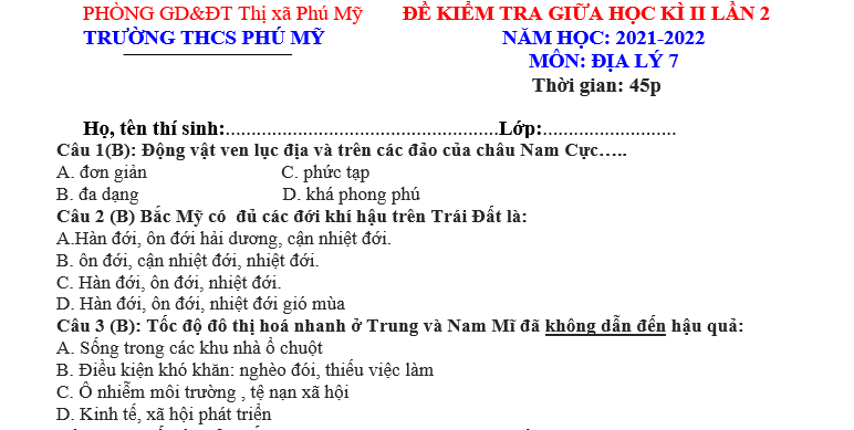 Đề kiểm tra giữa học kỳ II môn địa lý 2021-2022