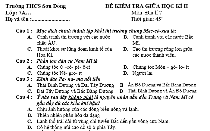 Đề kiểm tra giữa học kỳ II môn địa lý trường THCS Phú Mỹ 2021-2022