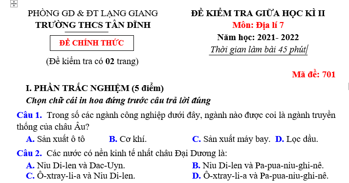 Đề kiểm tra giữa học kỳ II môn địa lý trường THCS Tân Dĩnh 2021-2022