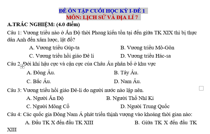 ĐỀ ÔN TẬP CUỐI HỌC KỲ I MÔN LỊCH SỬ VÀ ĐỊA LÍ 7