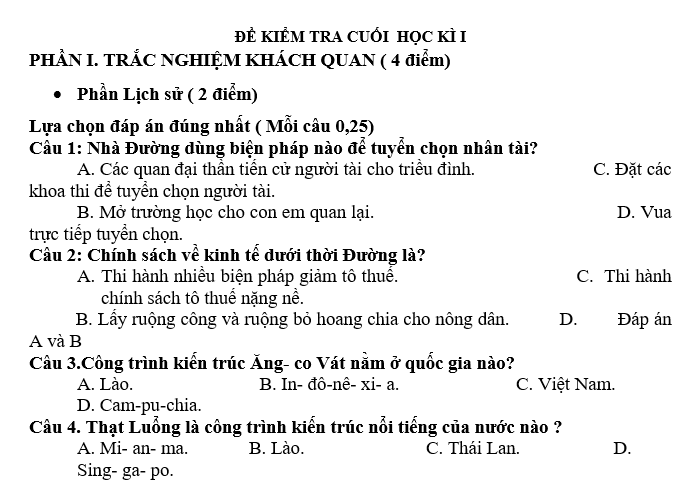 ĐỀ KIỂM TRA CUỐI  HỌC KÌ I MÔN ĐỊA LÝ LỚP 7 