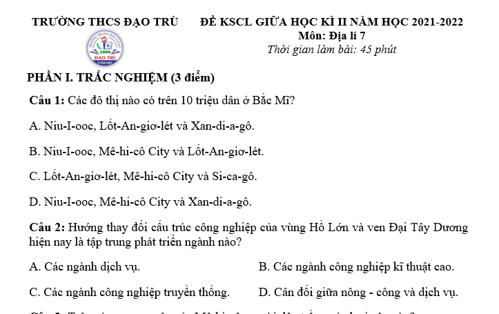 ĐỀ KIỂM TRA CHẤT LƯỢNG GIỮA HỌC KÌ II MÔN ĐỊA LÝ NĂM HỌC 2021-2022