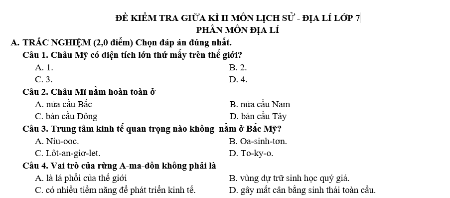 ĐỀ KIỂM TRA GIỮA KÌ II MÔN LỊCH SỬ - ĐỊA LÍ LỚP 7