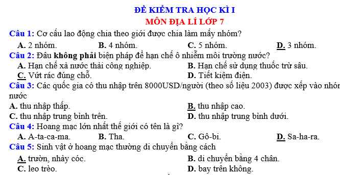 ĐỀ KIỂM TRA HỌC KÌ I MÔN ĐỊA LÍ LỚP 7