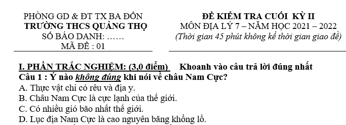 ĐỀ KIỂM TRA CUỐI  KỲ II TRƯỜNG THCS QUẢNG THỌ MÔN ĐỊA LÝ Có Đáp Án