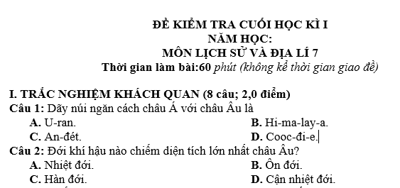 ĐỀ KIỂM TRA CUỐI HỌC KÌ I MÔN ĐỊA LÝ VÀ LỊCH SỬ LỚP 7