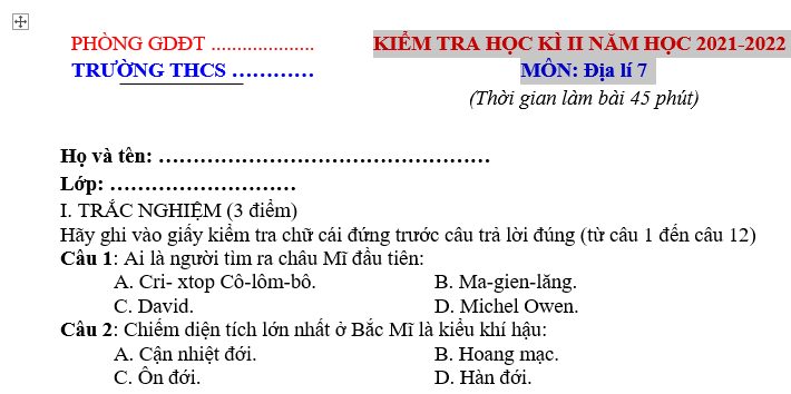 KIỂM TRA HỌC KÌ II NĂM HỌC 2021-2022 MÔN: Địa lí 7 Có Đáp Án