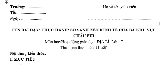 GIÁO ÁN ĐỊA LÝ 7 THỰC HÀNH SO SÁNH NỀN KINH TẾ CỦA BA KHU VỰC CHÂU PHI