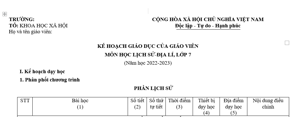 KẾ HOẠCH GIÁO DỤC MÔN LỊCH SỬ VÀ ĐỊA LÍ 7