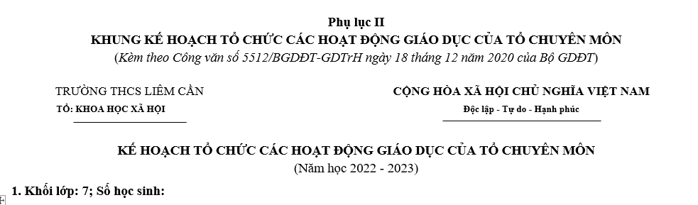 KẾ HOẠCH TỔ CHỨC CÁC HOẠT ĐỘNG GIÁO DỤC CỦA TỔ CHUYÊN MÔN LỊCH SỬ VÀ ĐỊA LÍ