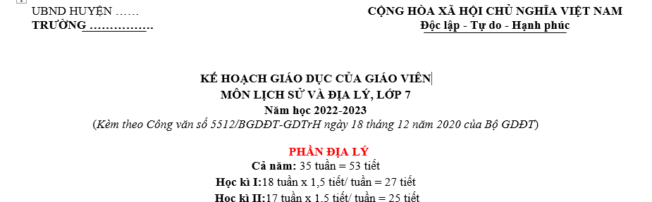 KẾ HOẠCH GIÁO DỤC CỦA GIÁO VIÊN MÔN LỊCH SỬ VÀ ĐỊA LÝ, LỚP 7 Năm học 2022-2023