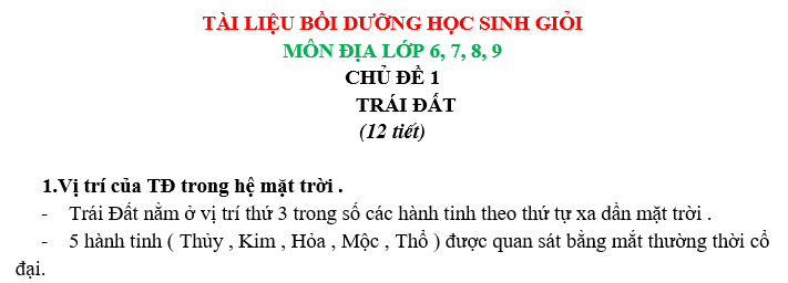 TÀI LIỆU BỒI DƯỠNG HỌC SINH GIỎI  MÔN ĐỊA LỚP 6, 7, 8, 9 