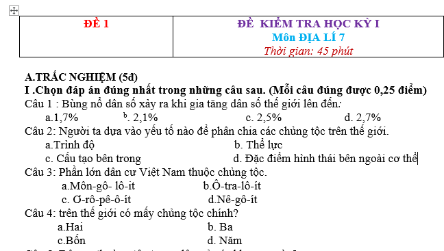 10 đề thi học kì I môn Địa lý lớp 7