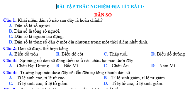 BÀI TẬP TRẮC NGHIỆM ĐỊA LÍ 7 BÀI 1: DÂN SỐ