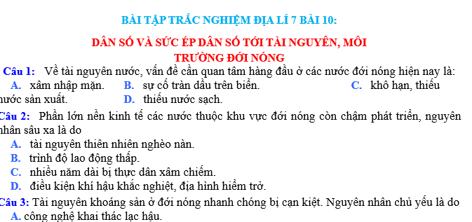 BÀI TẬP TRẮC NGHIỆM ĐỊA LÍ 7 BÀI 10: DÂN SỐ VÀ SỨC ÉP DÂN SỐ 