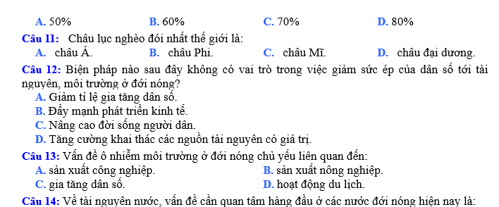 BÀI TẬP TRẮC NGHIỆM ĐỊA LÍ 7 BÀI 10: DÂN SỐ VÀ SỨC ÉP DÂN SỐ 