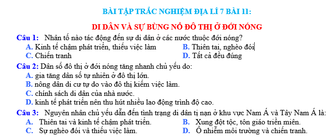 BÀI TẬP TRẮC NGHIỆM ĐỊA LÍ 7 BÀI 11: DI DÂN VÀ SỰ BÙNG NỔ ĐÔ THỊ Ở ĐỚI NÓNG