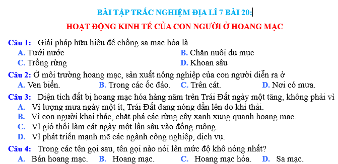 BÀI TẬP TRẮC NGHIỆM ĐỊA LÍ 7 BÀI 20: HOẠT ĐỘNG KINH TẾ CỦA CON NGƯỜI Ở HOANG MẠC