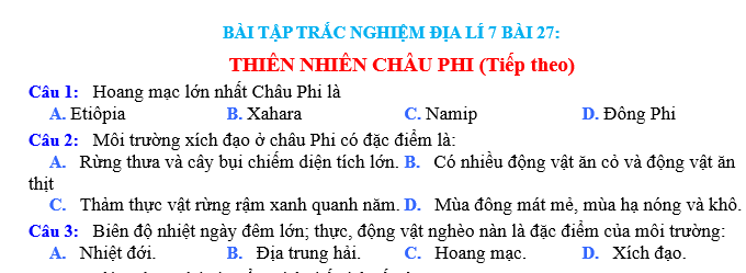 Bài tập trắc nghiệm địa lý 7 bài 27: Thiên nhiên châu Phi là một chủ đề quan trọng trong