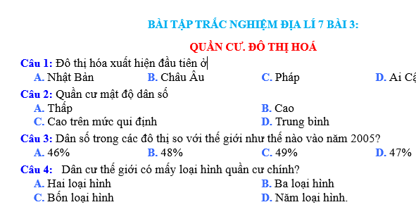 Bài tập trắc nghiệm địa lý 7 bài 3: Quần cư đô thị hoá