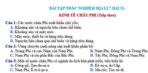 BÀI TẬP TRẮC NGHIỆM ĐỊA LÍ 7 BÀI 30:KINH TẾ CHÂU PHI(TIẾP THEO)