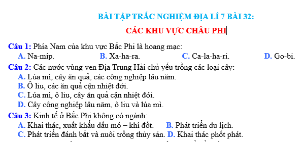 BÀI TẬP TRẮC NGHIỆM ĐỊA LÍ 7 BÀI 32: CÁC KHU VỰC CHÂU PHI