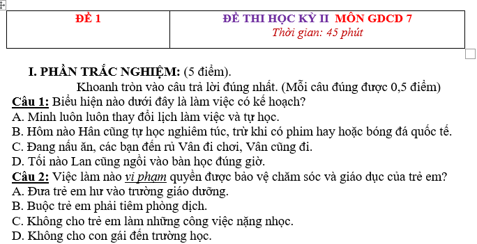 10 ĐỀ THI GIÁO DỤC CÔNG DÂN LỚP 7 HỌC KÌ II CÓ ĐÁP ÁN 