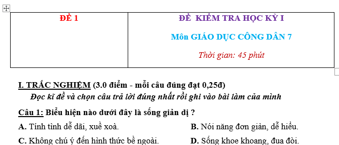 10 ĐỀ THI GIÁO DỤC CÔNG DÂN LỚP 7 HỌC KÌ I CÓ ĐÁP ÁN 