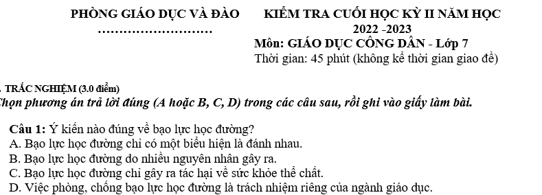 BỘ ĐỀ KIỂM TRA GIÁO DỤC CÔNG DÂN LỚP 7 HỌC KÌ II 