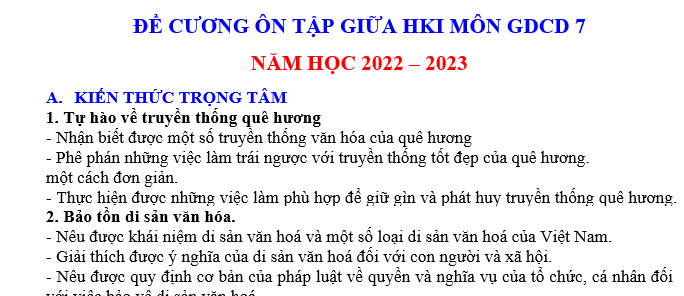 ĐỀ CƯƠNG ÔN TẬP GIỮA HK I MÔN GDCD 7 NĂM HỌC 2022 – 2023